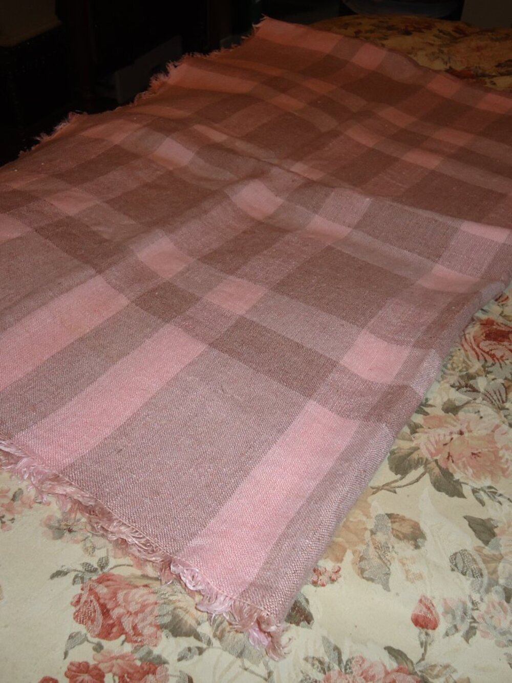 Pink and brown Linen Tablecloth 46" x 65"